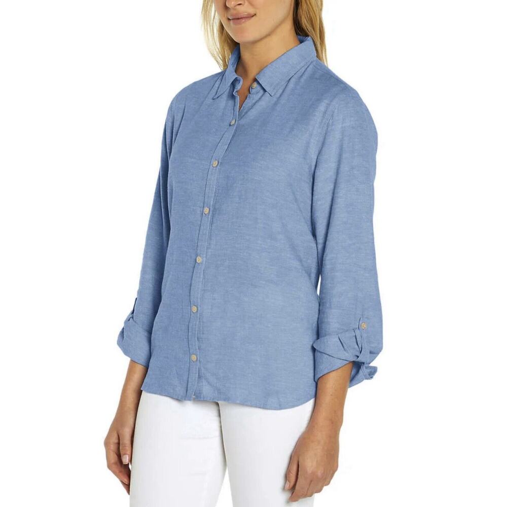 NEW! WOMEN'S ORVIS LINEN BLEND LONG ROLL TAB SLEEVE BUTTON DOWN SHIRT! SIZE XL
